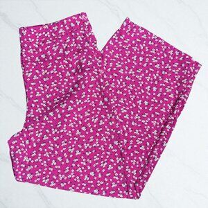 Pink White Floral Pattern Womens Wide-Leg Pants L Zipper Resort Comfy High Rise